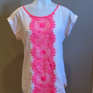 Express White Top with Pink Lace Detail